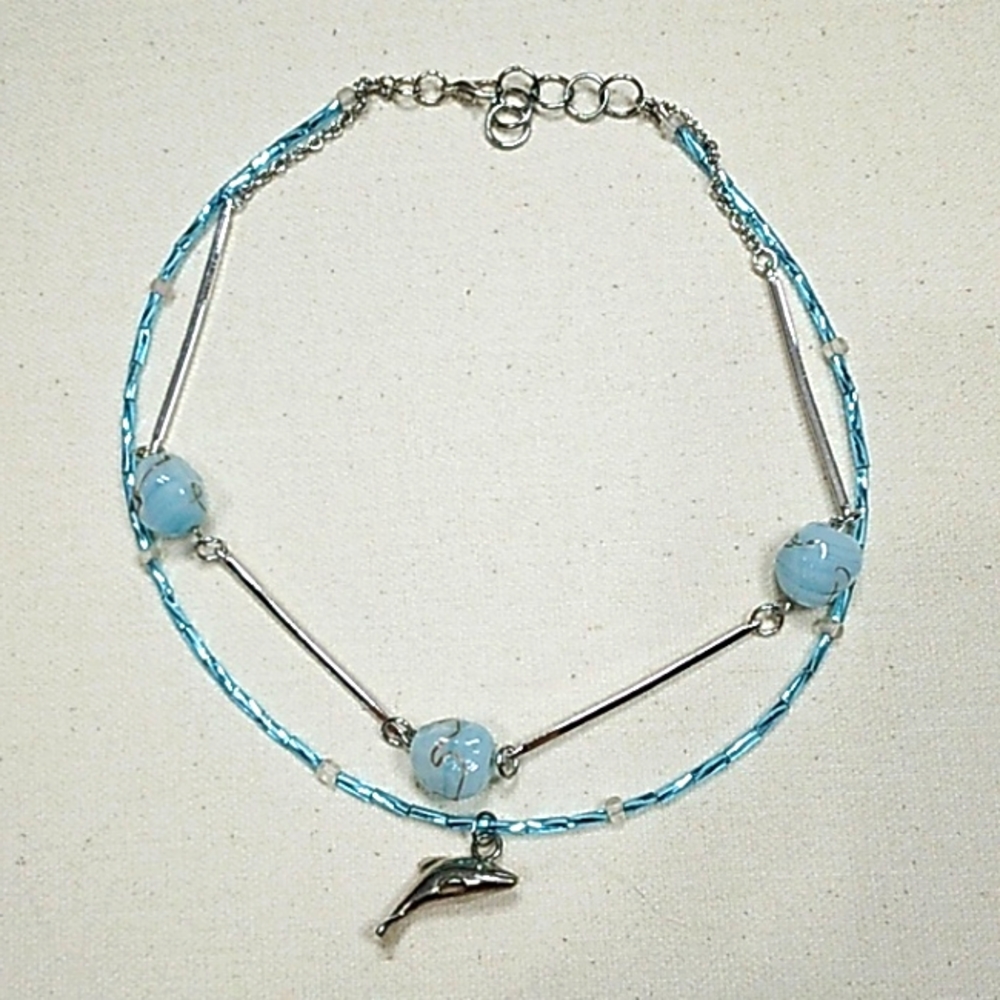 Handmade glass bead blue and silver necklace and small studs